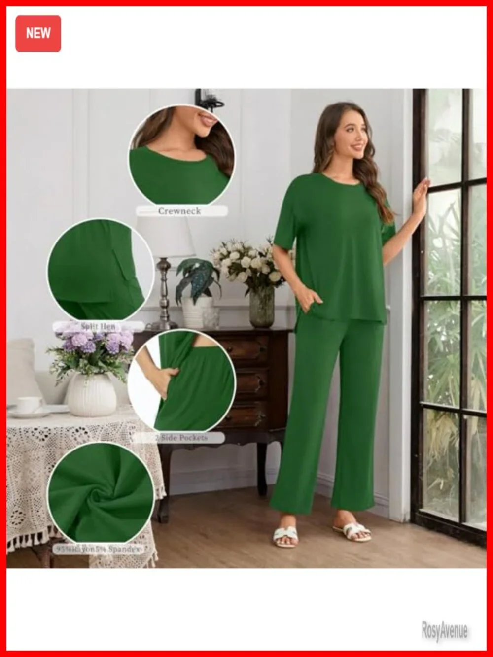 2 Piece Pajama Set Short Sleeve Long Pants Lounge Set with Pockets